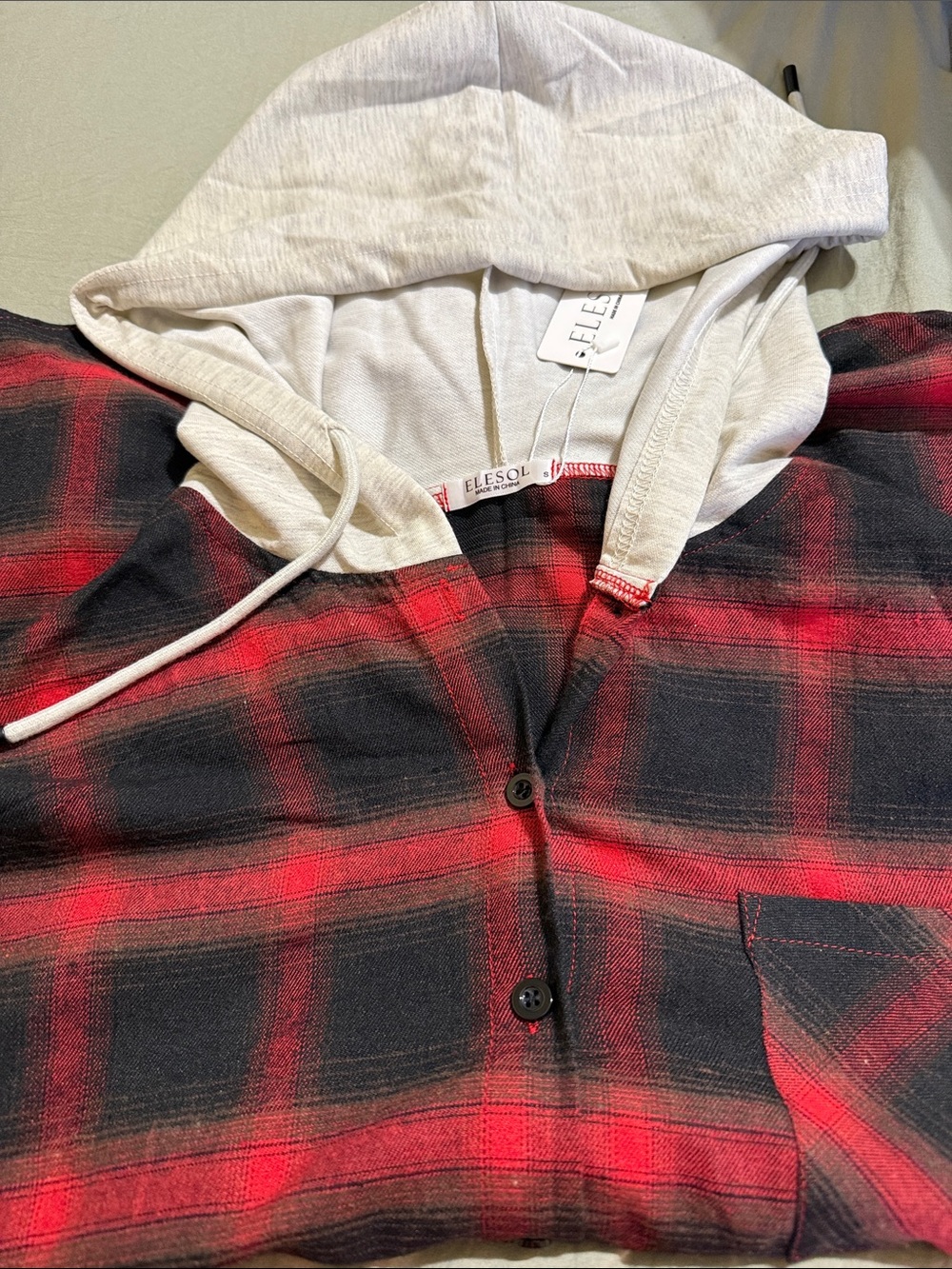 Men’s Red and Black Plaid Button-Down Shirt with Cream Hood